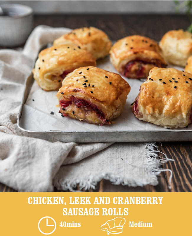Chicken, leek and cranberry sausage rolls – Heck Food Ltd