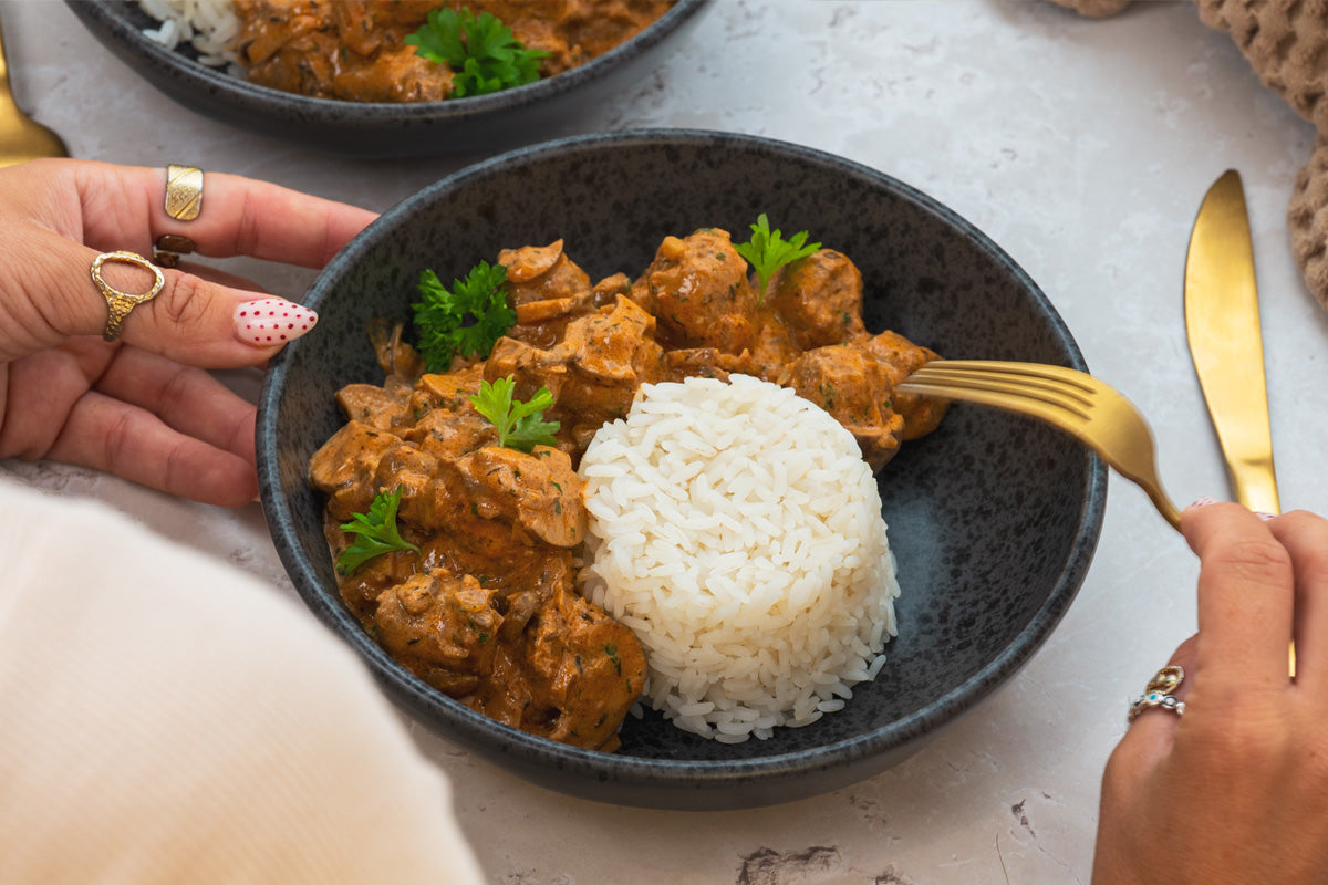 HECK! Steak & Butter sausage stroganoff with mushrooms, pasta, and creamy sauce