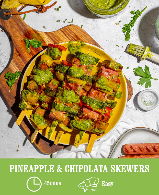 Grilled Pineapple & Chipolata Skewers with Chimichurri Sauce Heck
