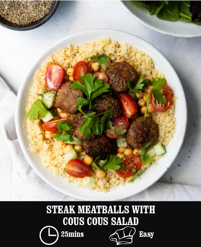 Steak Meatballs with Cous Cous Salad – Heck Food Ltd