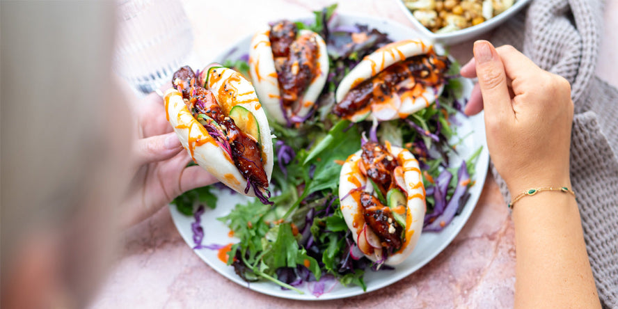 Sticky BBQ meat-free sausage bao buns