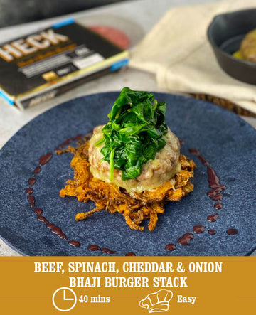 Beef, Spinach, Cheddar & Onion Bhaji Burger Stack