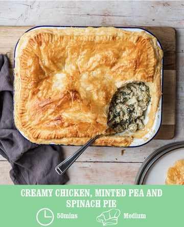 CREAMY CHICKEN, MINTED PEA AND SPINACH PIE