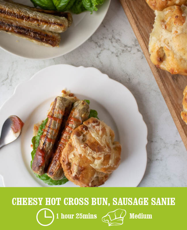 Cheesy Hot Cross Bun, Sausage Sarnie
