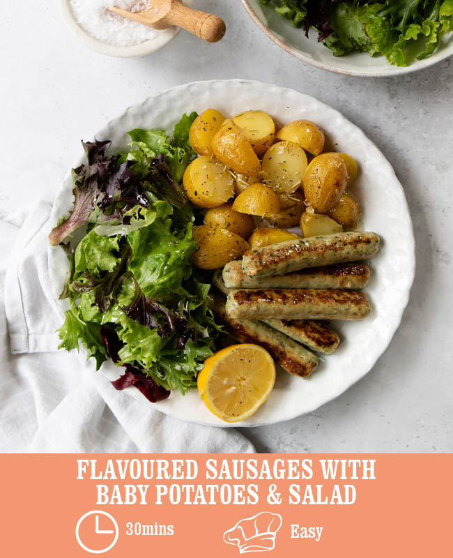 Flavoured Sausages with Baby Potatoes & Salad