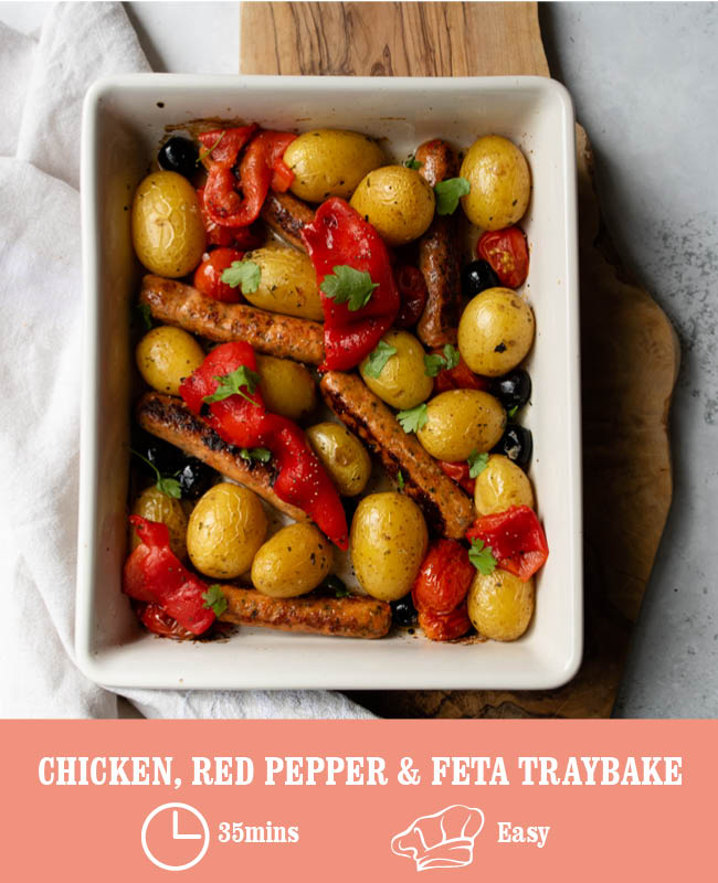Chicken, red pepper, feta & potato traybake
