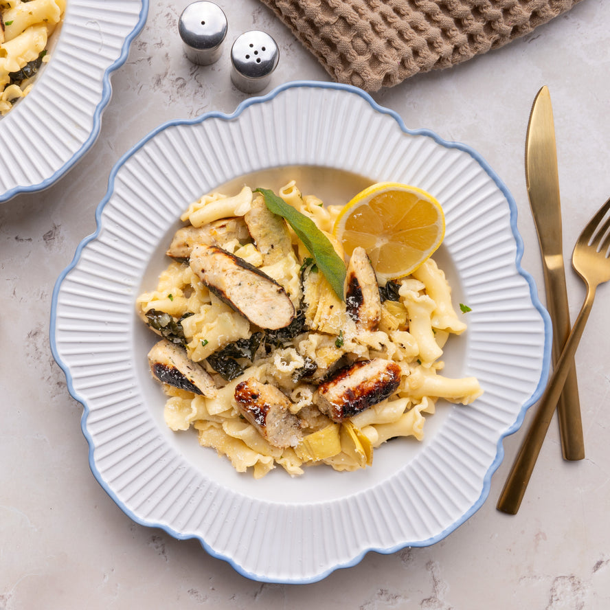 Smoky Chicken & Apple Sausages, Lemon & Artichoke Pasta