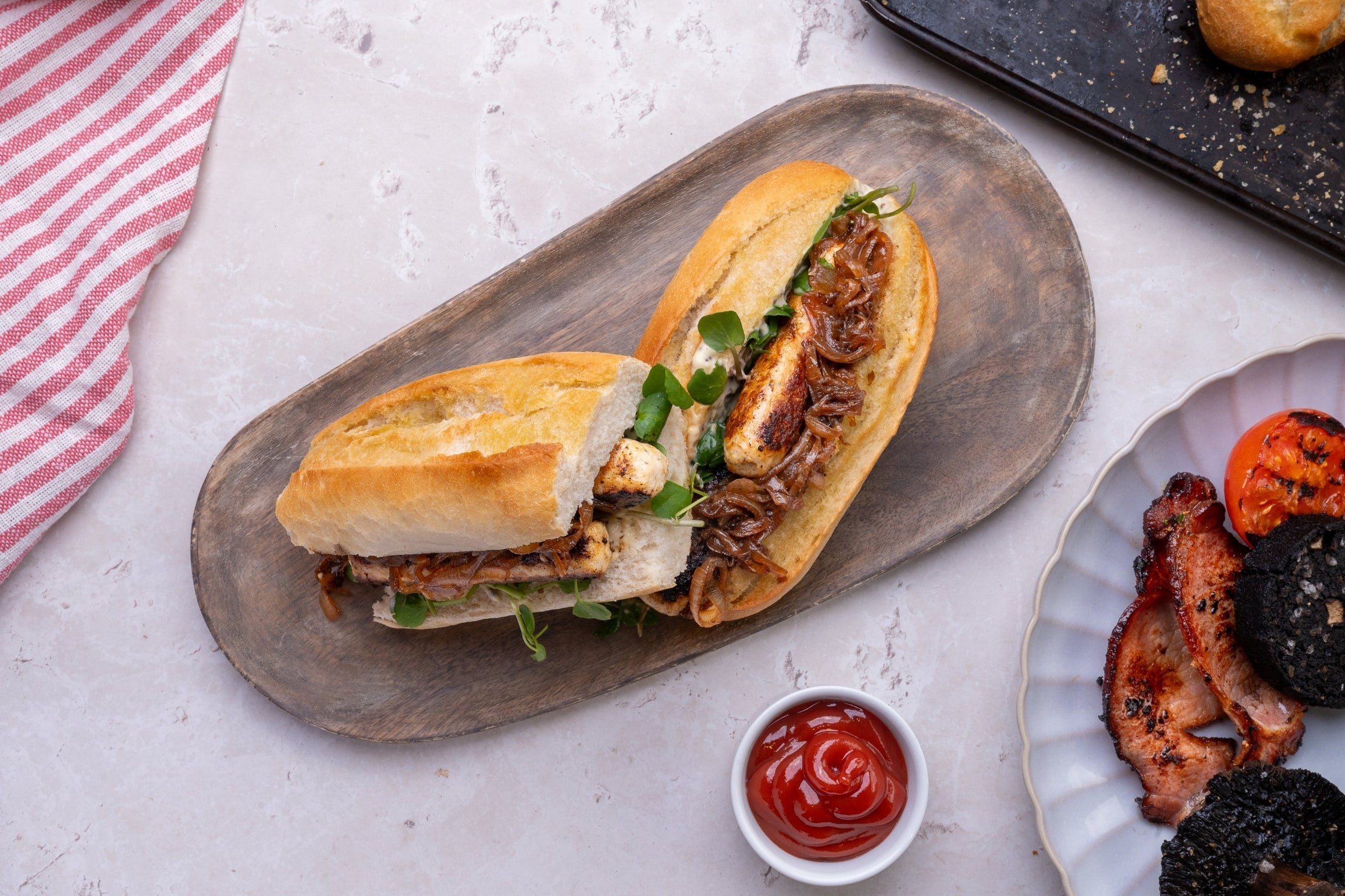 Chicken Cumberland Sausage Hot Dogs with Beery Onions & Watercress