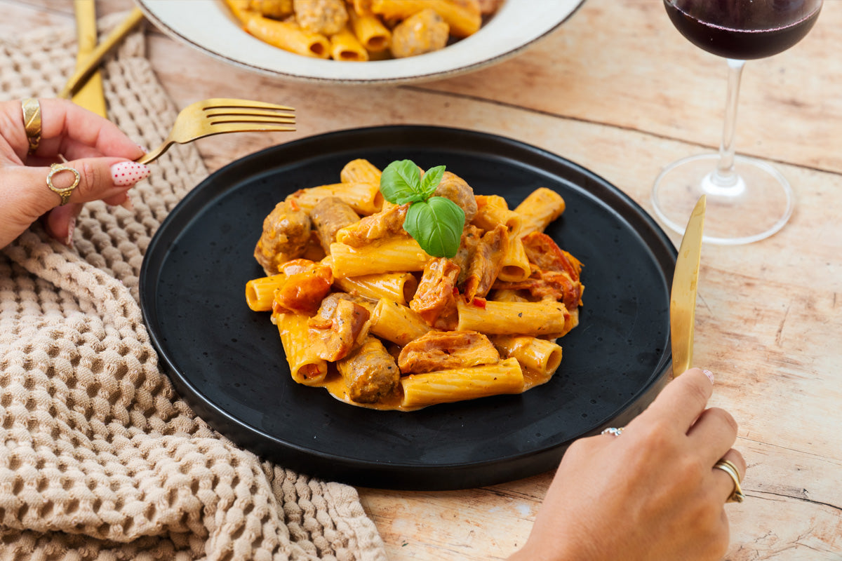 HECK! Pork & Cheddar Marry Me pasta with creamy tomato sauce and fresh basil