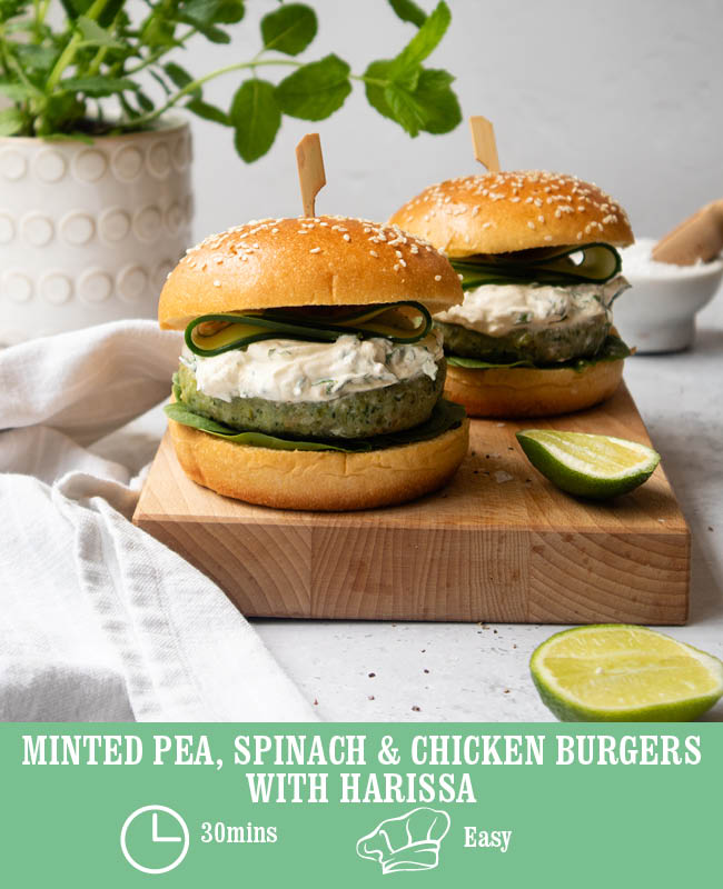 Minted Pea, Spinach & Chicken Burgers with Harissa