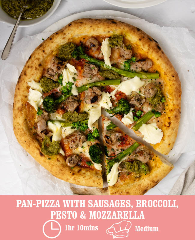 Pan-Pizza with Sausages, Broccoli, Pesto & Mozzarella