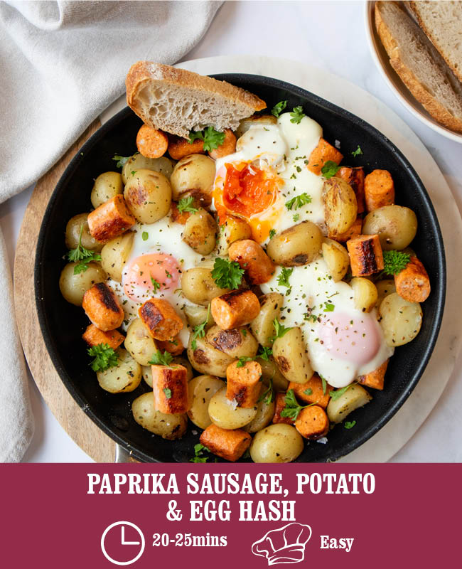 Paprika Sausage, Potato & Egg Hash