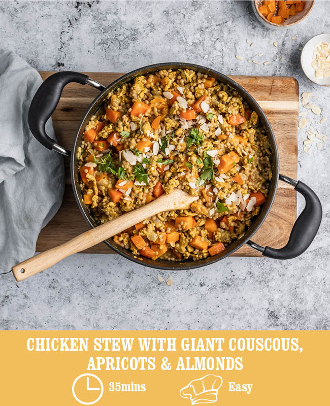 Chicken Stew, with Giant Couscous, Apricots and Almonds