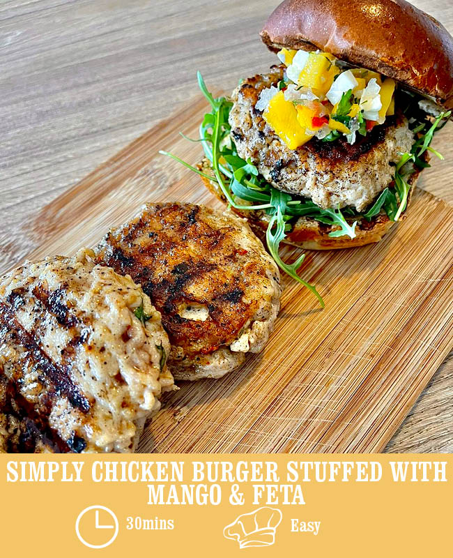 Simply Chicken Burger Stuffed with Mango & Feta