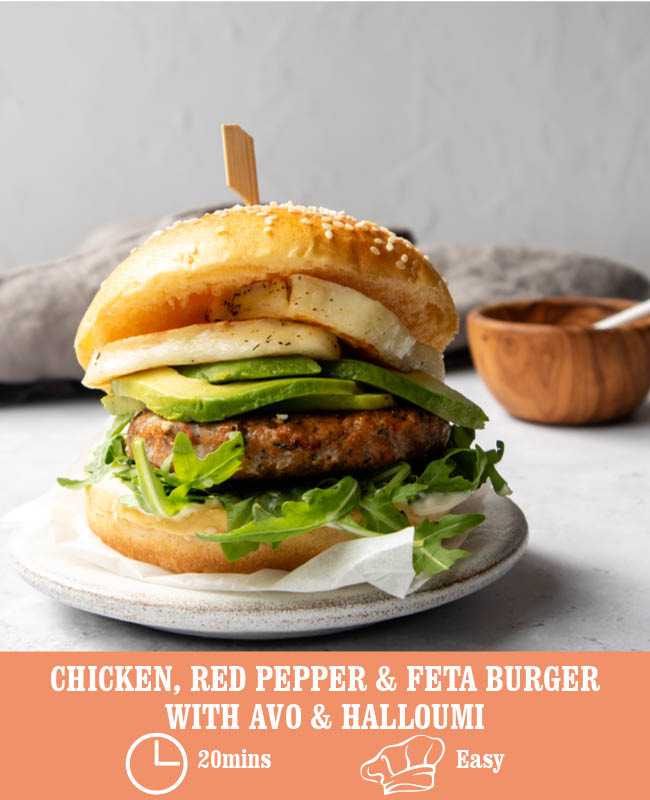 Chicken, Red Pepper & Feta Burger with Avo & Halloumi