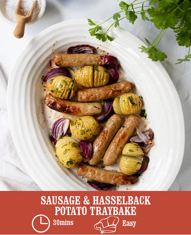 Sausage & Hasselback Potato Traybake Heck Food Ltd