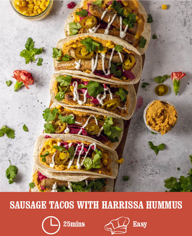 Sausage Tacos with Harissa Hummus