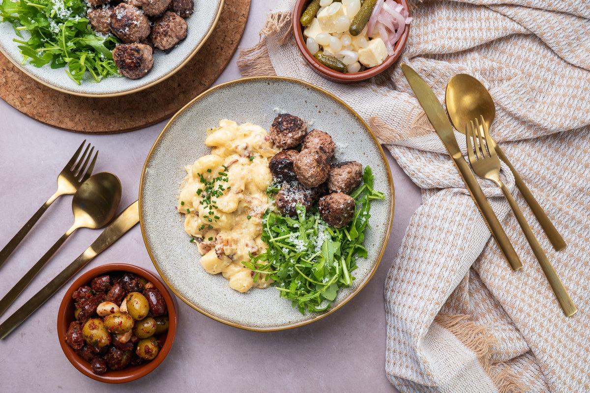 Steak & Butter Meatballs with Bacon, Cheese Fondue Gnocchi