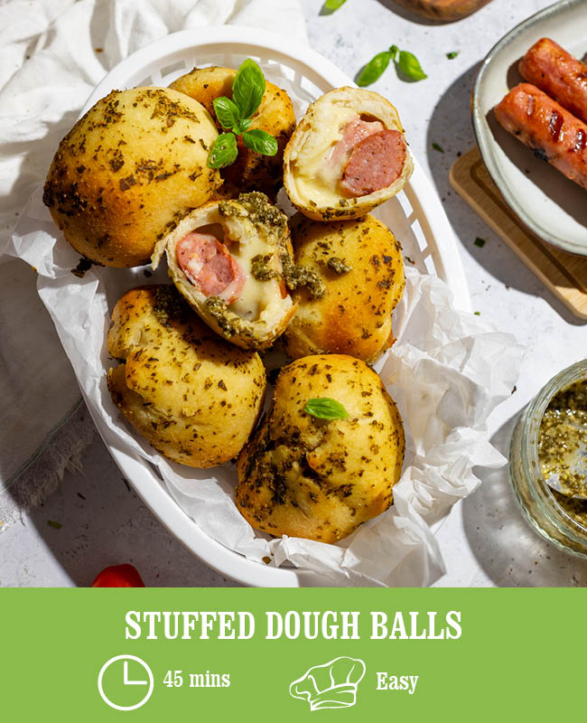 Stuffed Dough Balls with Pesto Drizzle