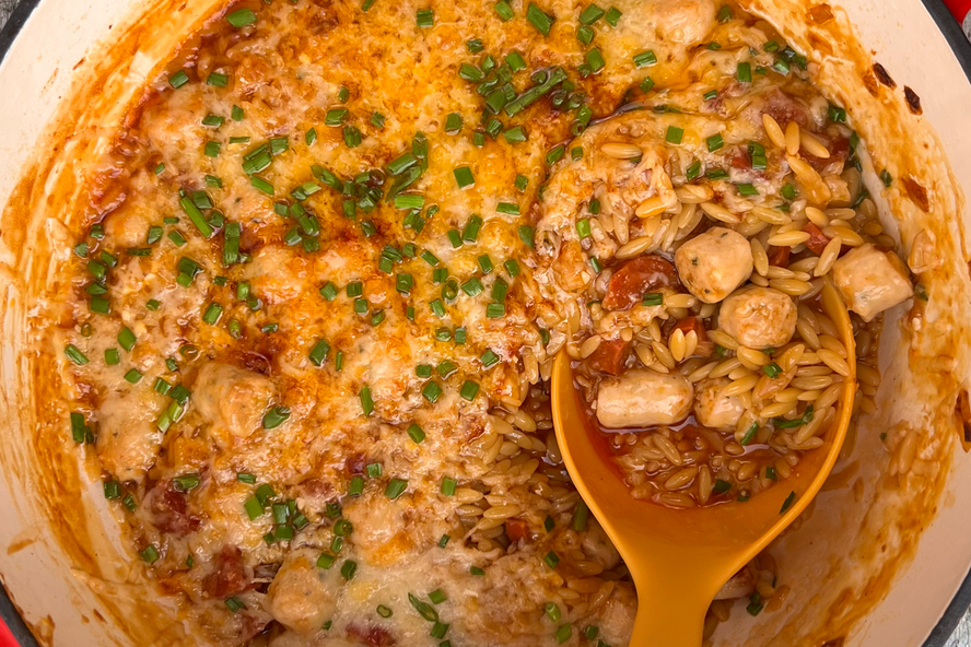 Chicken and Chorizo Orzo One Pan Bake