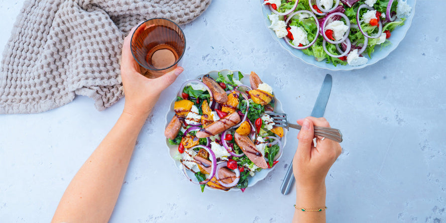 Summer sausage, peach & mozzarella salad