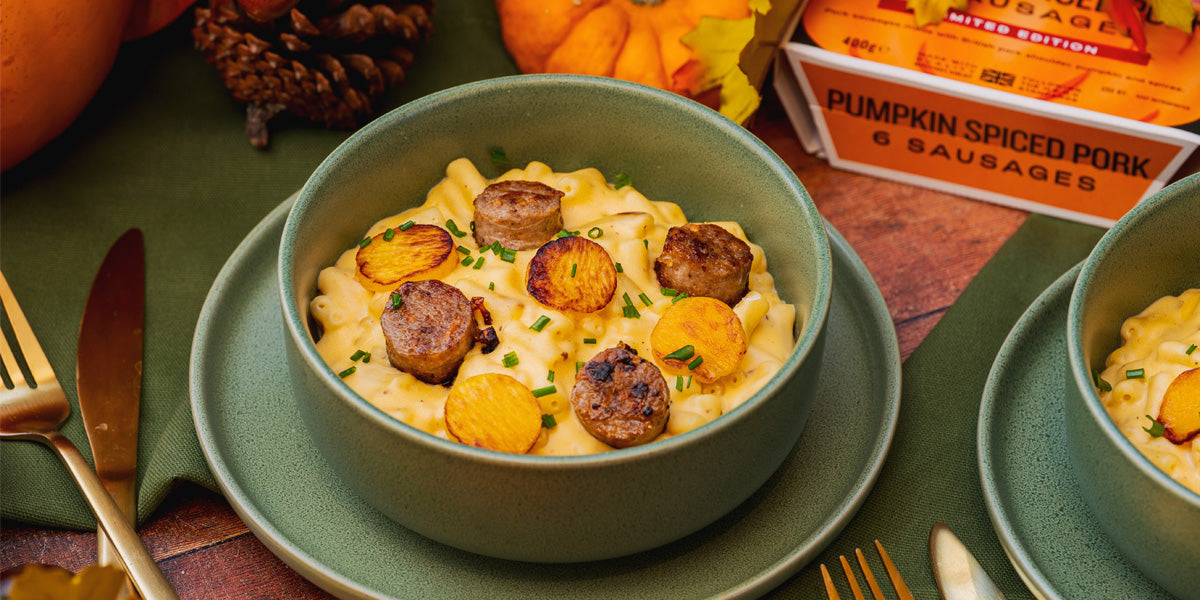 HECK! Pumpkin Spice Sausage Mac & Cheese with chunks of pumpkin, baked until golden
