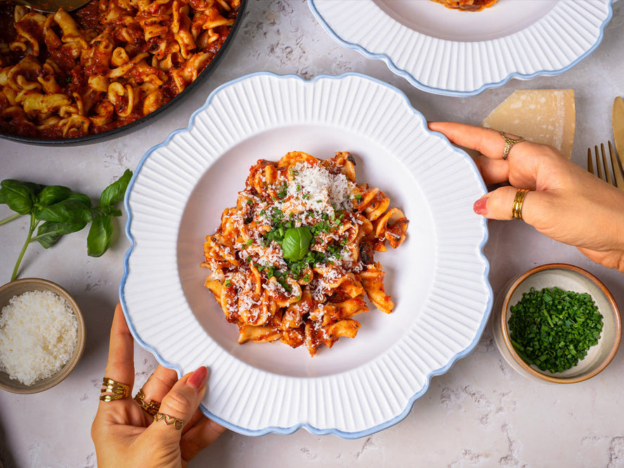 Roasted Red Pepper Pasta with Heck Simply Chicken Chipolata