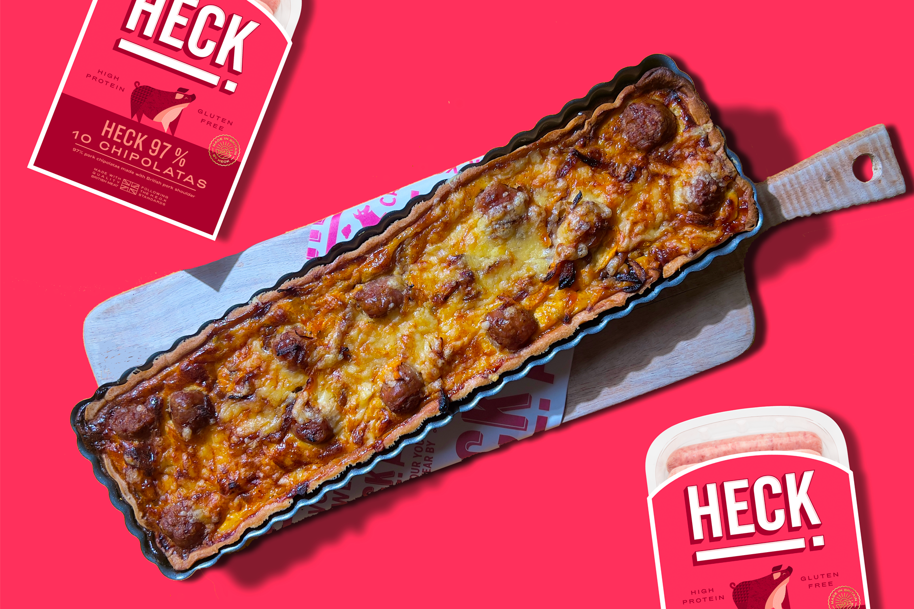 Sweet potato and caramelised onion with HECK! 97% sausages quiche