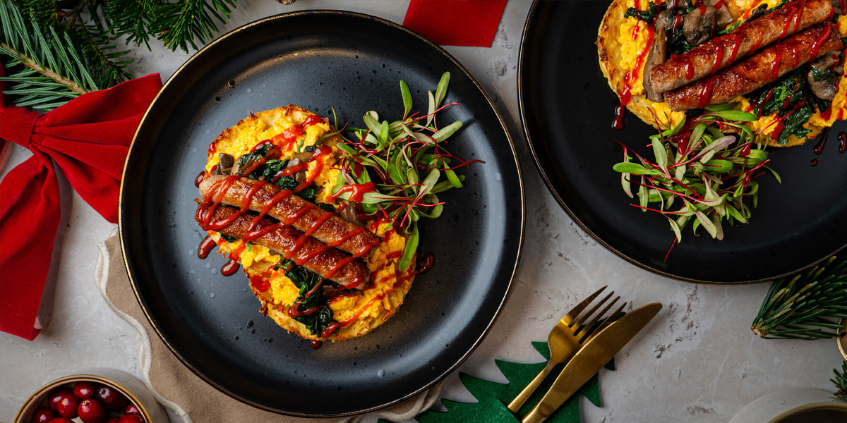Potato Rösti with Scrambled Eggs, Creamed Mushrooms & Spinach, and Pan-Roasted HECK! 97% Chipolata Sausages