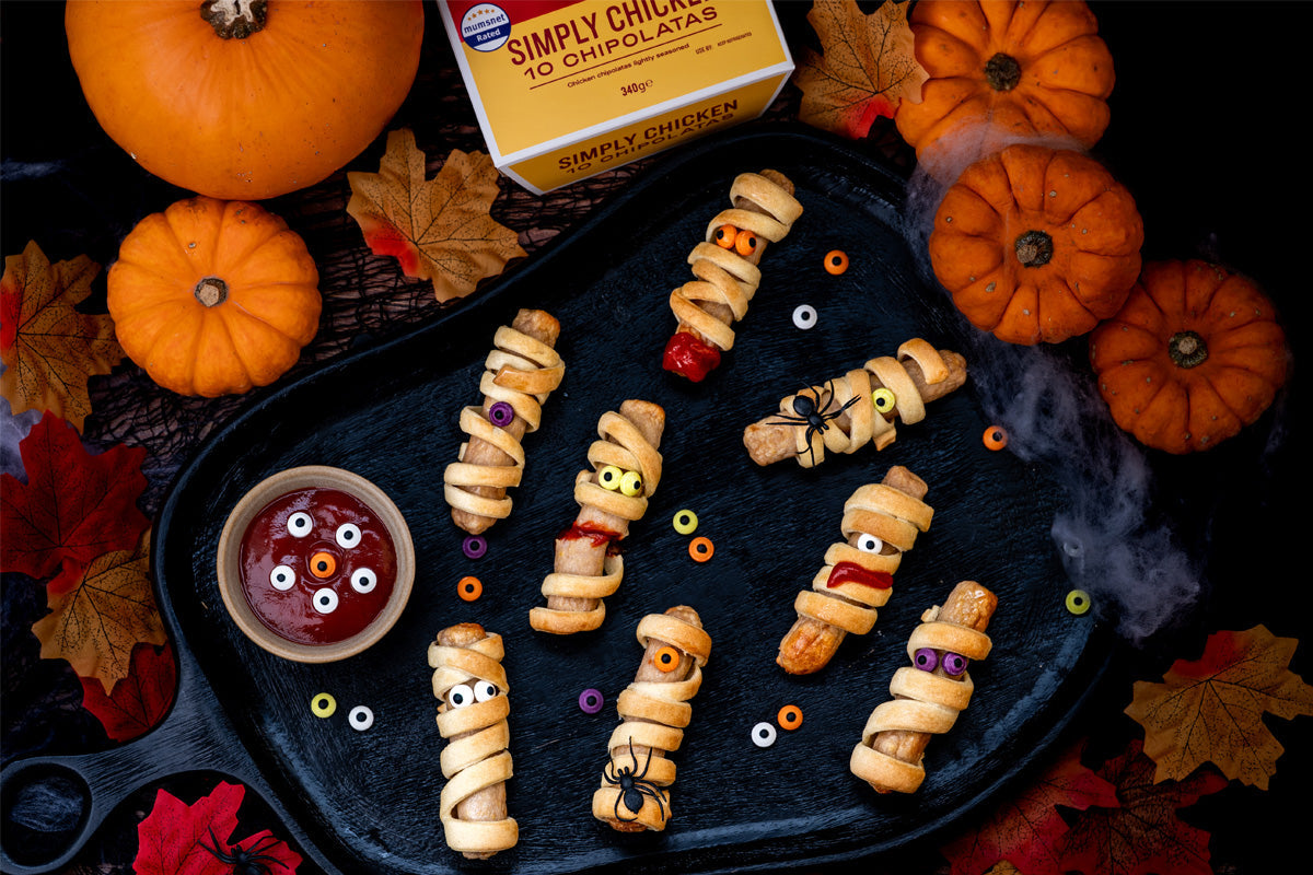 HECK! Halloween Mummy Sausages wrapped in pastry with candy eyes