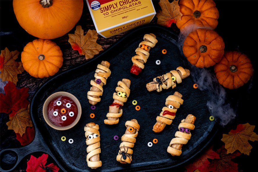 HECK! Halloween Mummy Sausages wrapped in pastry with candy eyes