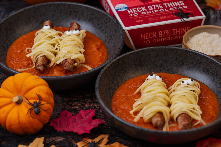 HECK! Halloween mummy sausages wrapped in spaghetti with edible eyes