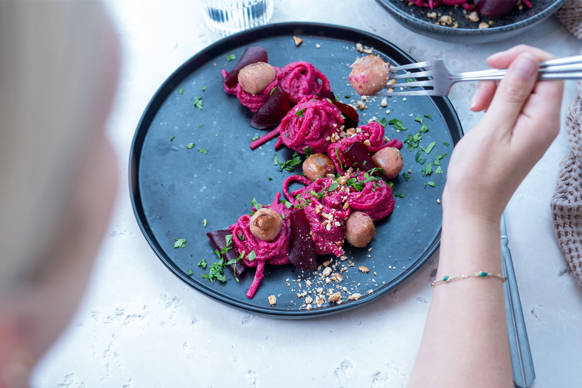 Beetroot & feta pasta with HECK meat-free sausage meatballs