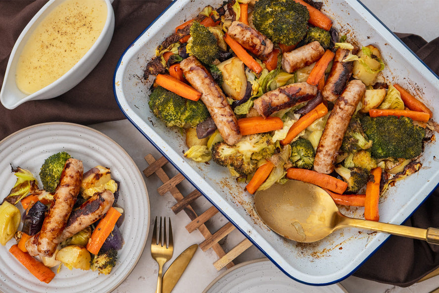 One-Pan Pork & Cheddar Sausage Tray Bake with Cheese Sauce