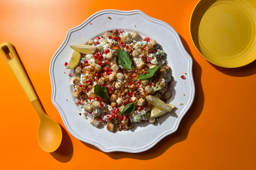 Tzatziki rice bowl with chicken italia sausage and halloumi crumb
