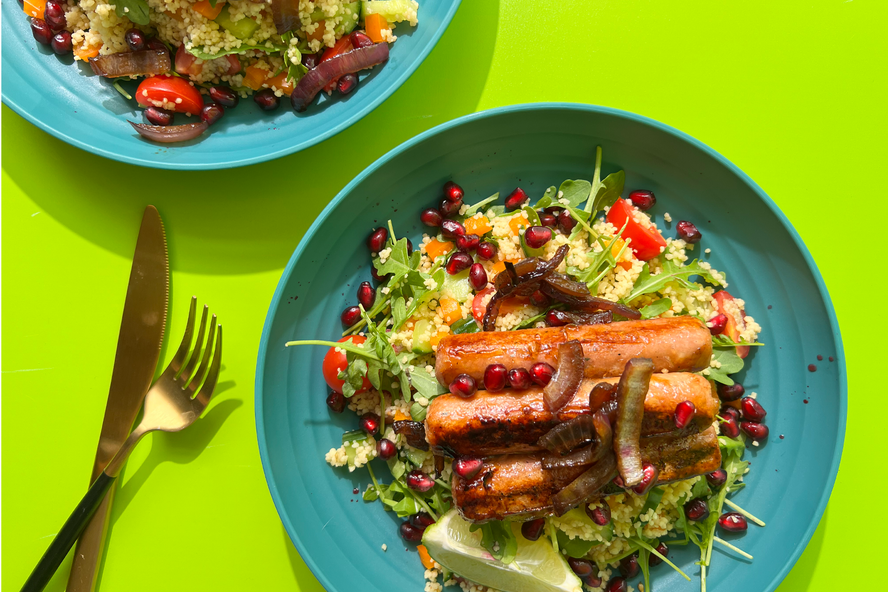Cous cous salad with sticky meat-free sausages