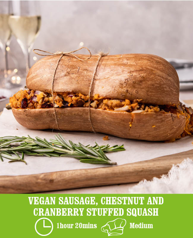 VEGAN SAUSAGE, CHESTNUT AND CRANBERRY STUFFED SQUASH