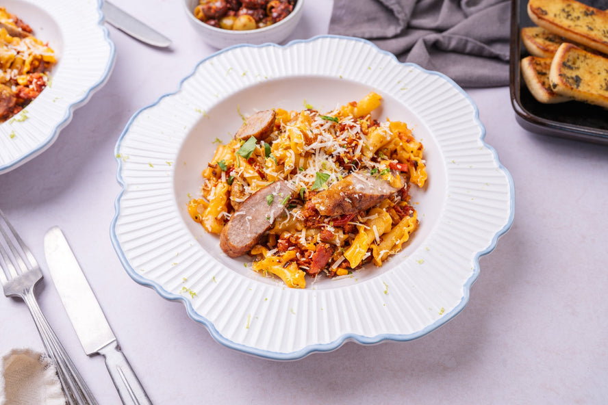 Charred Corn & Chorizo Pasta with HECK! 97% Pork Sausages