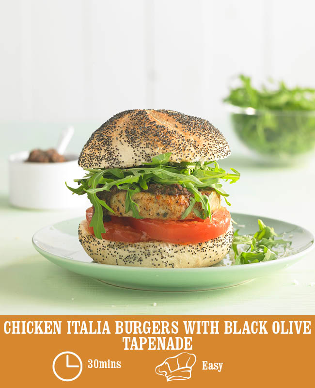 Chicken Italia Burgers with Black Olive Tapenade